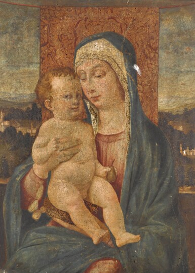 View full screen - View 1 of Lot 197. MANNER OF GIOVANNI BELLINI | THE MADONNA AND CHILD SEATED BEFORE A DISTANT LANDSCAPE.