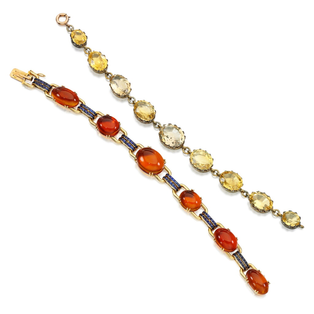 View full screen - View 1 of Lot 64. Chaumet | Amber and sapphire bracelet, first quarter of 20th century || and a citrine bracelet, early 20th century.
