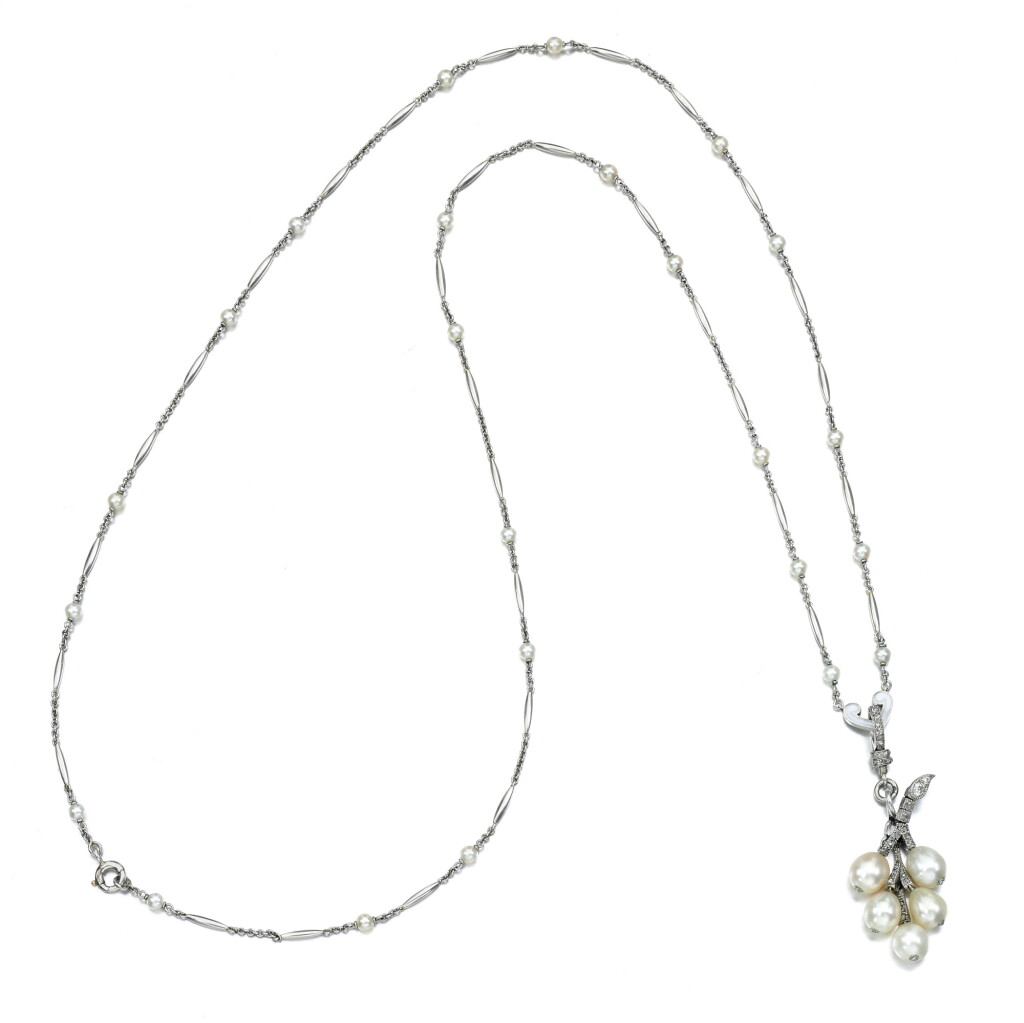 View full screen - View 1 of Lot 35. Natural pearl and diamond pendant necklace, circa 1910.