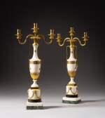 A pair of gilt-bronze and marble three-light candelabra, by Giuseppe Valadier, Rome, circa 1795 | Paire de candélabres en marbre et monture de bronze doré d'époque néoclassique, par Giuseppe Valadier, Rome, vers 1795
