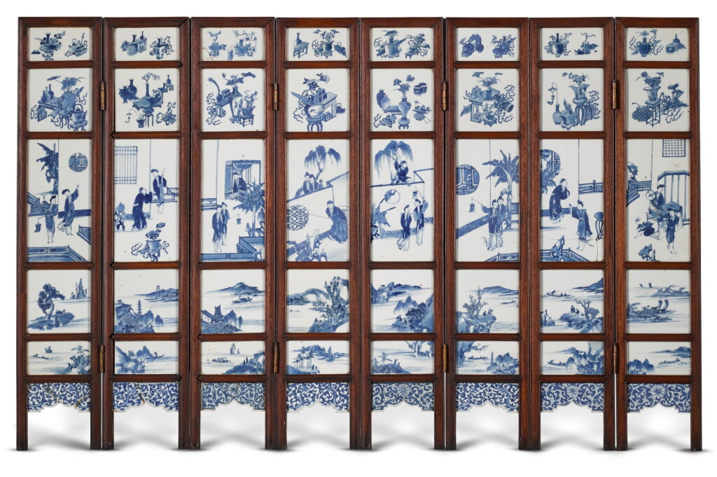 View full screen - View 1 of Lot 32. A small eight-fold Hongmu screen inset with forty blue and white porcelain plaques The porcelain 18th century, the wood 20th century | .