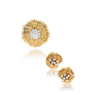 View full screen - View 1 of Lot 796. Gold and diamond brooch and a pair of ear clips, circa 1960.