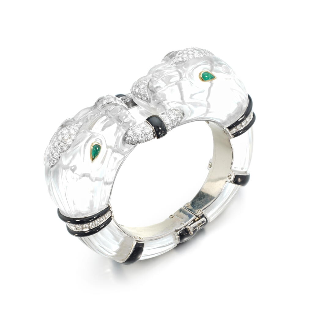 View full screen - View 1 of Lot 546. Rock crystal, emerald, enamel and diamond bangle, 'Chimera'.
