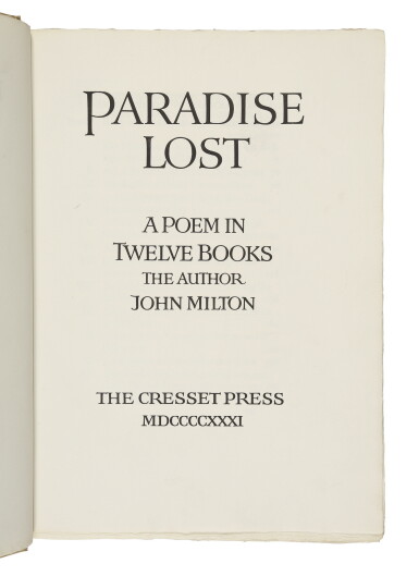 View full screen - View 1 of Lot 29. MILTON, JOHN | Paradise Lost; Paradise Regain'd. Printed at the Shakespeare Head Press for the Cresset Press, 1931.