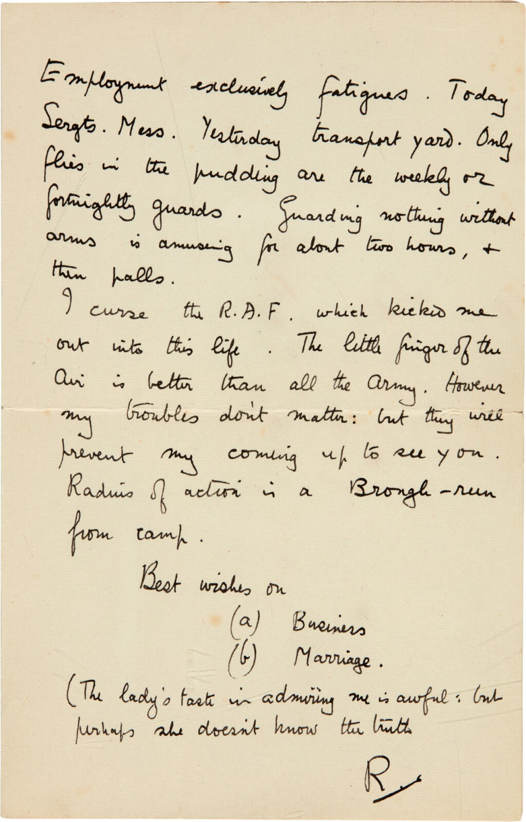 View full screen - View 1 of Lot 70. T. E. Lawrence | Autograph letter signed, to Leeson, on life in the Tank Corps, 28 September 1923.