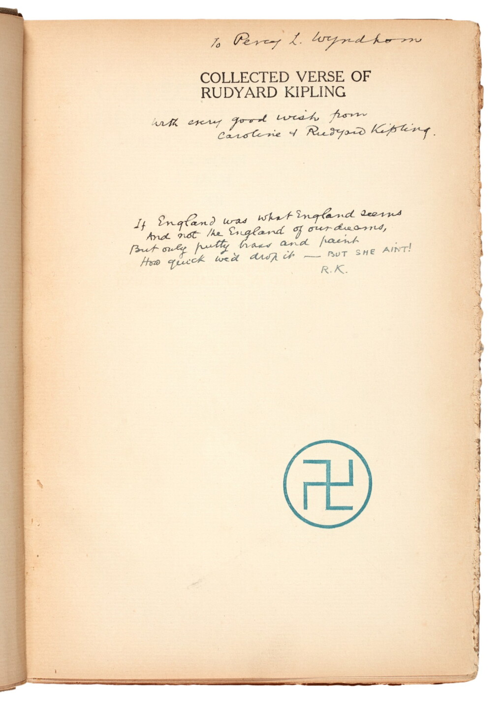 View full screen - View 1 of Lot 246. Rudyard Kipling | Collected Verse, 1912, inscribed to Percy L. Wyndham.