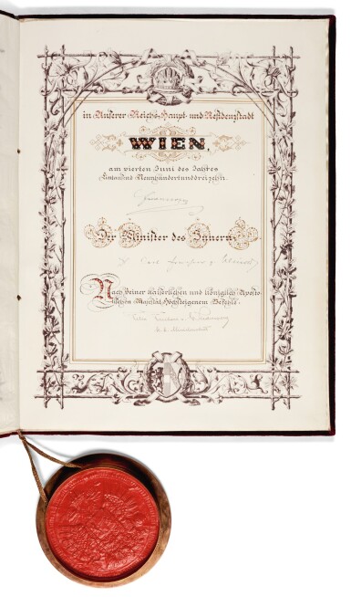 View full screen - View 1 of Lot 18. Franz Joseph I of Austria. Grant of nobility for Leopold Walter Sachs, 1913.