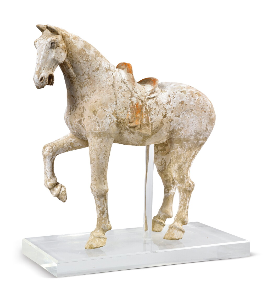 View full screen - View 1 of Lot 1103. A LARGE PAINTED POTTERY FIGURE OF A PRANCING HORSE, TANG DYNASTY.