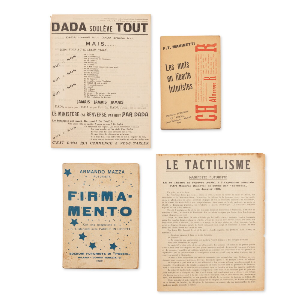 View full screen - View 1 of Lot 90. Dada soulève tout. Tract de 1921. Avec 3 publications futuristes dont : "Les Mots en liberté futuristes" de Marinetti (1919)..