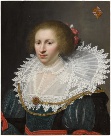 View full screen - View 1 of Lot 58. Portrait of a lady, said to be Isabella van Egmond van der Nijenburg, wearing a black dress with red ribbons and a layered lace collar.