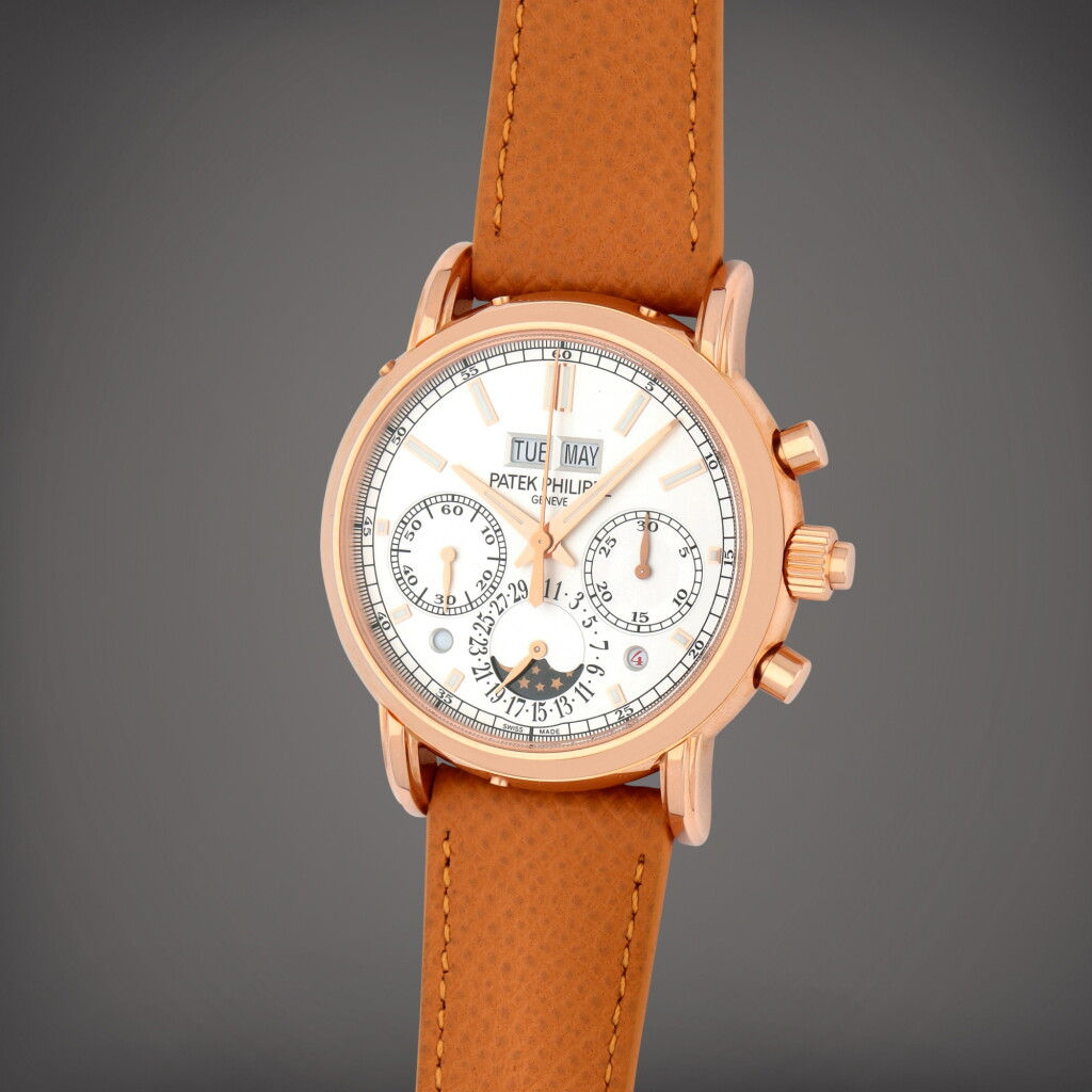 全萤幕检视 - 查看38Reference 5204R-001 A pink gold perpetual calendar split second chronograph wristwatch with moon phases, leap year and day/night indication Circa 2020的1