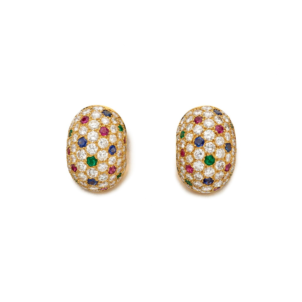 View full screen - View 1 of Lot 20. Van Cleef & Arpels | Pair of Ruby, Emerald, Sapphire and Diamond 'Domino' Earclips, France 梵克雅寶 紅寶石配祖母綠、藍寶石及鑽石「Domino」耳環一對,法國.