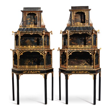 View full screen - View 1 of Lot 652. A PAIR OF GEORGE II STYLE BLACK AND GOLD JAPANNED AND CHINESE LACQUER DISPLAY CABINETS, LATE 19TH/EARLY 20TH CENTURY, INCORPORATING EARLIER CHINESE LACQUER PANELS.