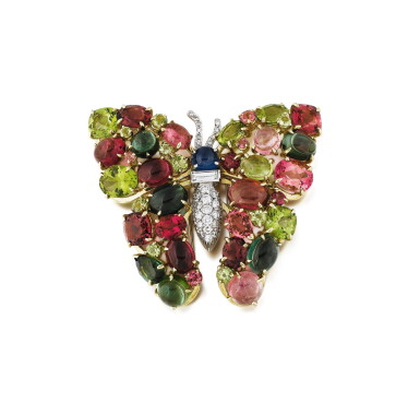 View full screen - View 1 of Lot 337. Seaman Schepps | Broche pierres de couleur et diamants | Gem-set and diamond brooch.