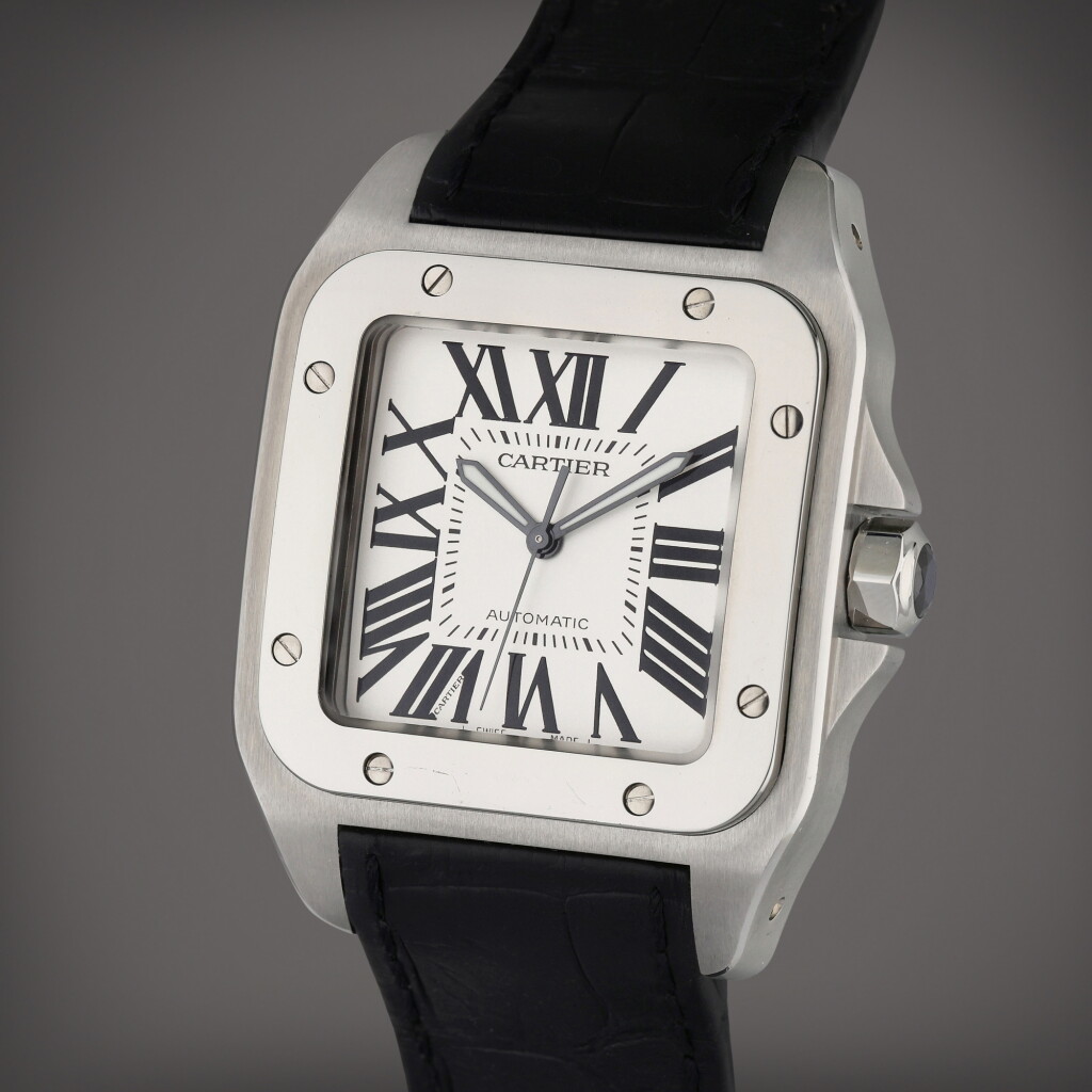 View full screen - View 1 of Lot 98. Reference 2656 Santos 100 | A stainless steel automatic rectangular wristwatch, Circa 2015.