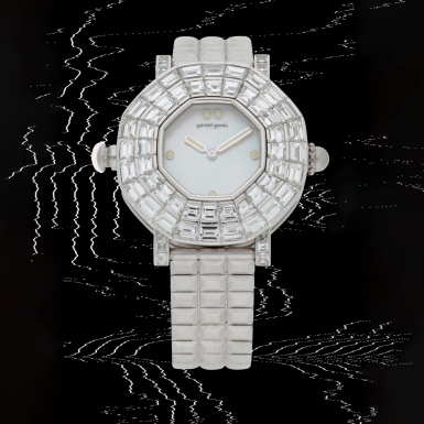 View full screen - View 1 of Lot 45. Reference G.4036 | A unique platinum and diamond-set minute repeating wristwatch with bracelet and mother-of-pearl dial | Circa 1990.