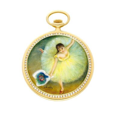 View full screen - View 1 of Lot 2180. Reference 35715 | A yellow gold and diamond-set openface keyless watch with miniature enamel, attributed to Edgar Degas by Gabriella Rivalta, Circa 1993 | 愛彼 | 型號35715 | 黃金鑲鑽石懷錶,配上由 Gabriella Rivalta 繪製,Edgar Degas 款的微繪琺瑯,約1993年製.