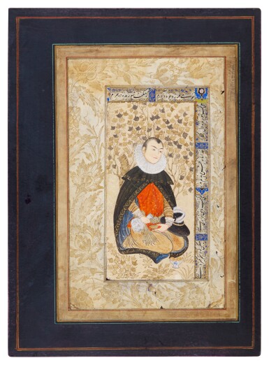 View full screen - View 1 of Lot 70. A Kneeling Youth, style of Reza-i 'Abbasi, Persia, Safavid, circa 1635.