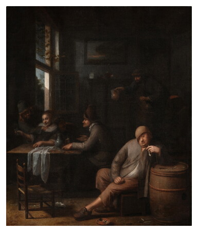 View full screen - View 1 of Lot 537. Tavern interior with peasant company drinking at a table and a man smoking a pipe.