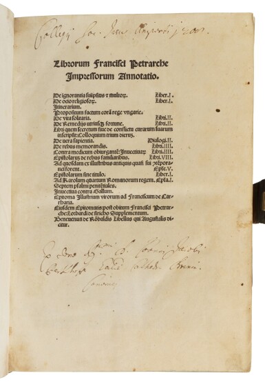 View full screen - View 1 of Lot 178. Petrarca, Librorum Francisci Petrarche impressorum annotatio, Venice, 1501, half pigskin over boards.