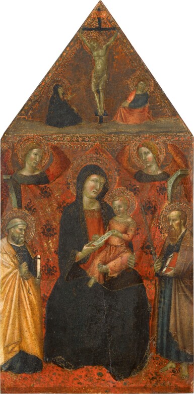 View full screen - View 1 of Lot 103. The Virgin and Child enthroned with angels and saints, a Crucifixion above.