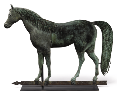 View full screen - View 1 of Lot 1152. EXCEPTIONAL SWELLED-BODIED COPPER AND CAST-ZINC STANDING HORSE 'LADY SUFFOLK' WEATHERVANE, J. HOWARD & CO., WEST BRIDGEWATER, MASSACHUSETTS, CIRCA 1854-1867.