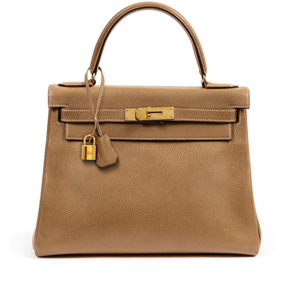 View full screen - View 1 of Lot 601. Vintage Gold Courchevel Kelly 28 Retourné Gold Hardware, 1988.
