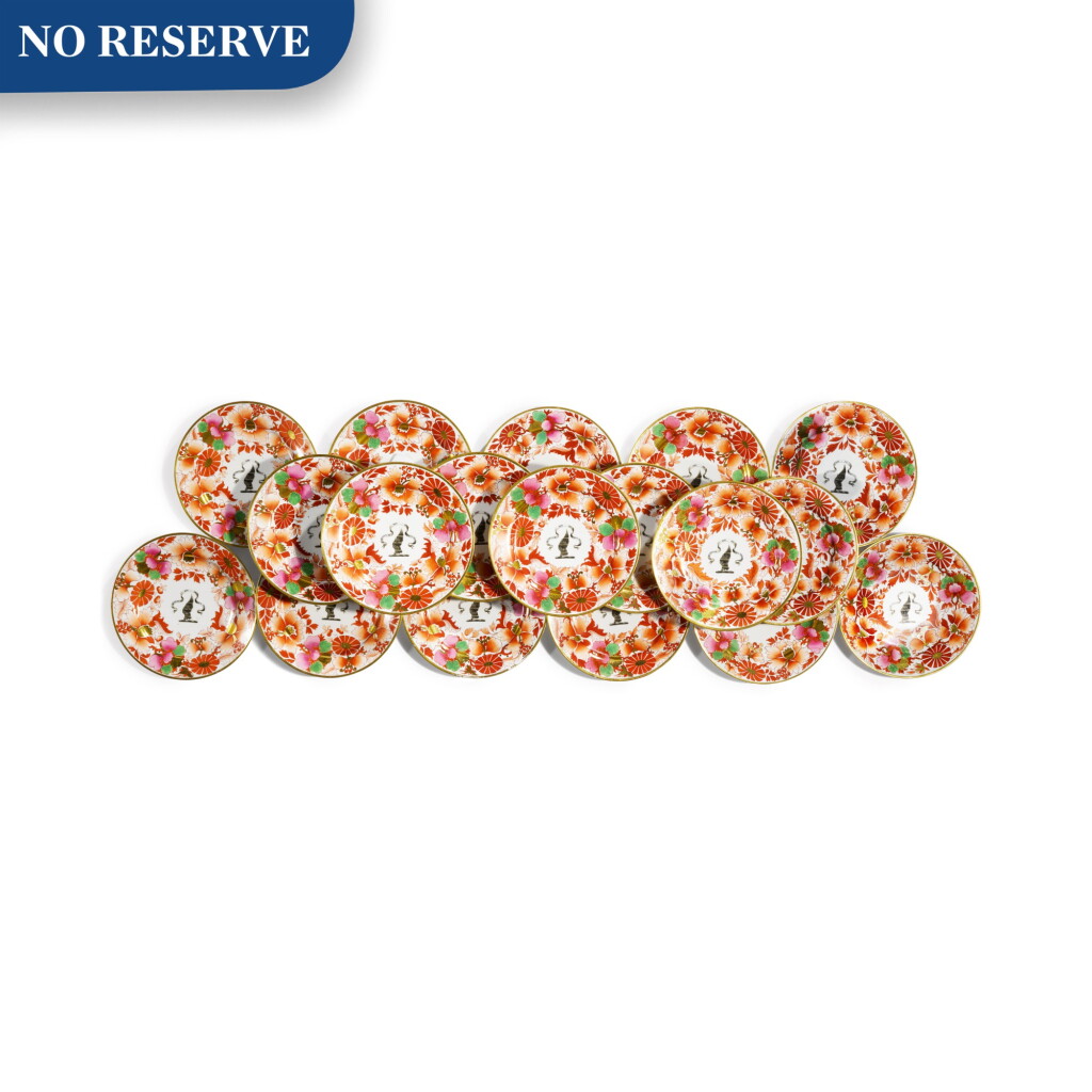 View full screen - View 1 of Lot 350. A Set of 18 Worcester (Barr, Flight, and Barr) Crested Imari Plates, Circa 1800.