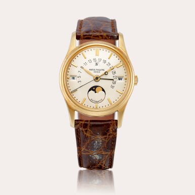 View full screen - View 1 of Lot 2158. Reference 5050 A yellow gold perpetual calendar wristwatch with retrograde date, moon phases and leap year indication, Made in 1993 | 百達翡麗 | 型號5050 | 黃金萬年曆腕錶,備逆跳日期、月相及閏年顯示,1993年製.