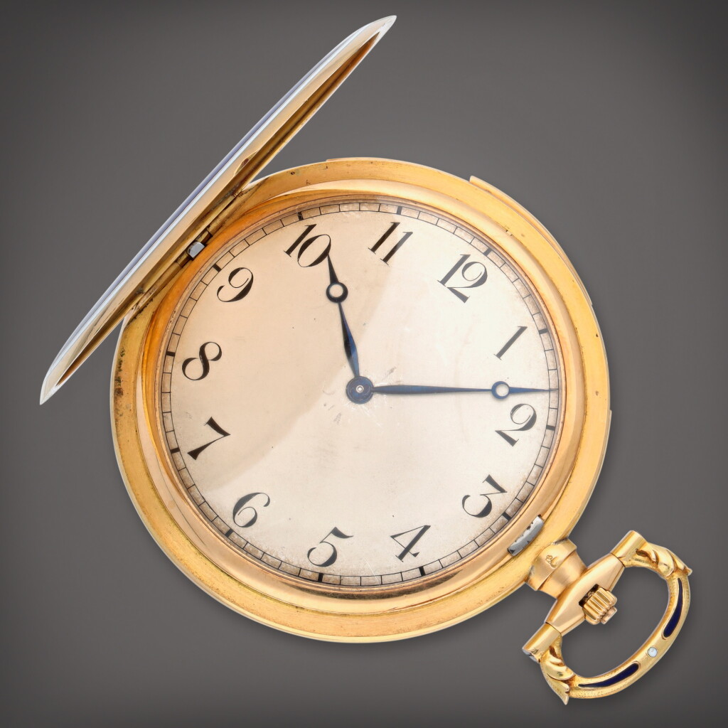 View full screen - View 1 of Lot 647. A yellow gold and enamel open face keyless minute repeating watch, Circa 1900.