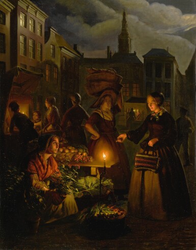 View full screen - View 1 of Lot 145. PETRUS VAN SCHENDEL | A MOONLIT VEGETABLE MARKET ON DE GROTE MARKT, THE HAGUE.