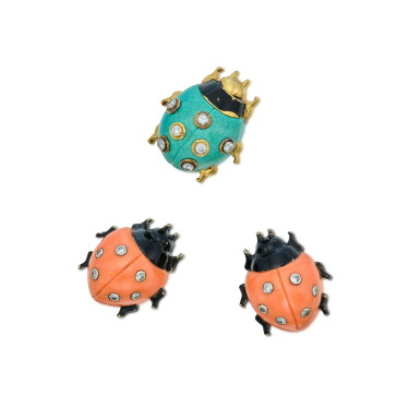 View full screen - View 1 of Lot 9. Group of Three Hardstone, Enamel and Diamond Dress Clips, France.