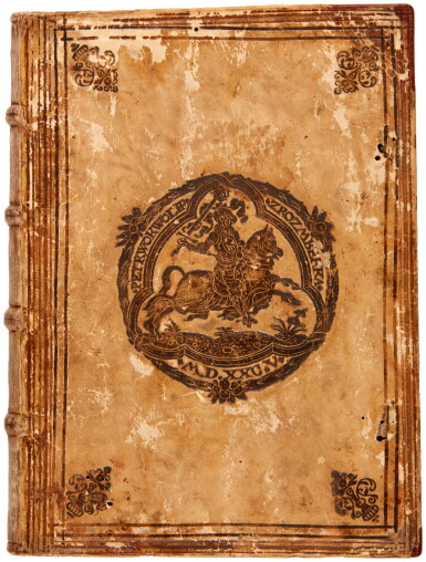 View full screen - View 1 of Lot 1682. Feyerabend, Wapen und Stammbuch, Frankfurt, 1589; Paprocki, Prognostica virtutum cardinalum, Prague, 1589, Bohemian pigskin binding for Peter Wok Wolff von Rosenberg.