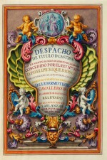 Despacho de titulo de Castilla con la nominacion de marques de la Cañada... Séville, 1719. Magnifique brevet de noblesse très élégamment calligraphié et orné de 7 grandes peintures à pleine page. Sur peau de vélin.