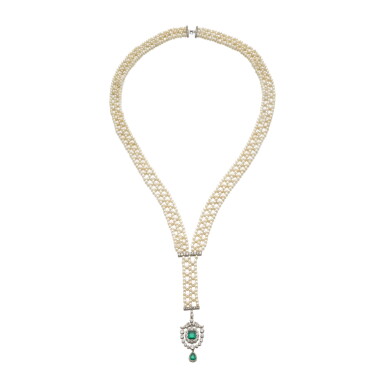 View full screen - View 1 of Lot 251. Emerald and natural pearl necklace.