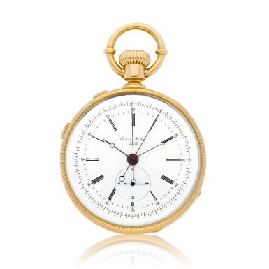 View full screen - View 1 of Lot 8159. Reference 58331 | A yellow gold fly-back split second 1/4 diablotine chronograph watch with enamel dial, Circa 1875 | 型號58331 | 黃金飛返追針1/4跳秒計時懷錶,備琺瑯錶盤,約1875年製.