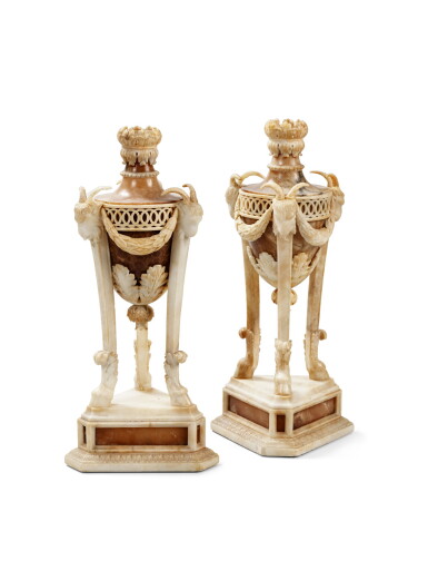 View full screen - View 1 of Lot 265. A pair of alabaster vases, Louis XVI style, 20th century | Paire de vases d'ornement en albâtre de style Louis XVI, XXe siècle.