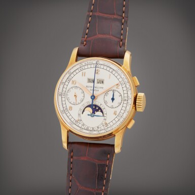 View full screen - View 1 of Lot 42. Reference 1518 | A pink gold perpetual calendar chronograph wristwatch with moon phases, Made in 1950.