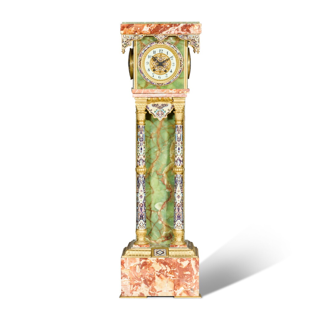 View full screen - View 1 of Lot 137. A green onyx, pink marble and champlevé enamel pedestal clock, French, circa 1890.