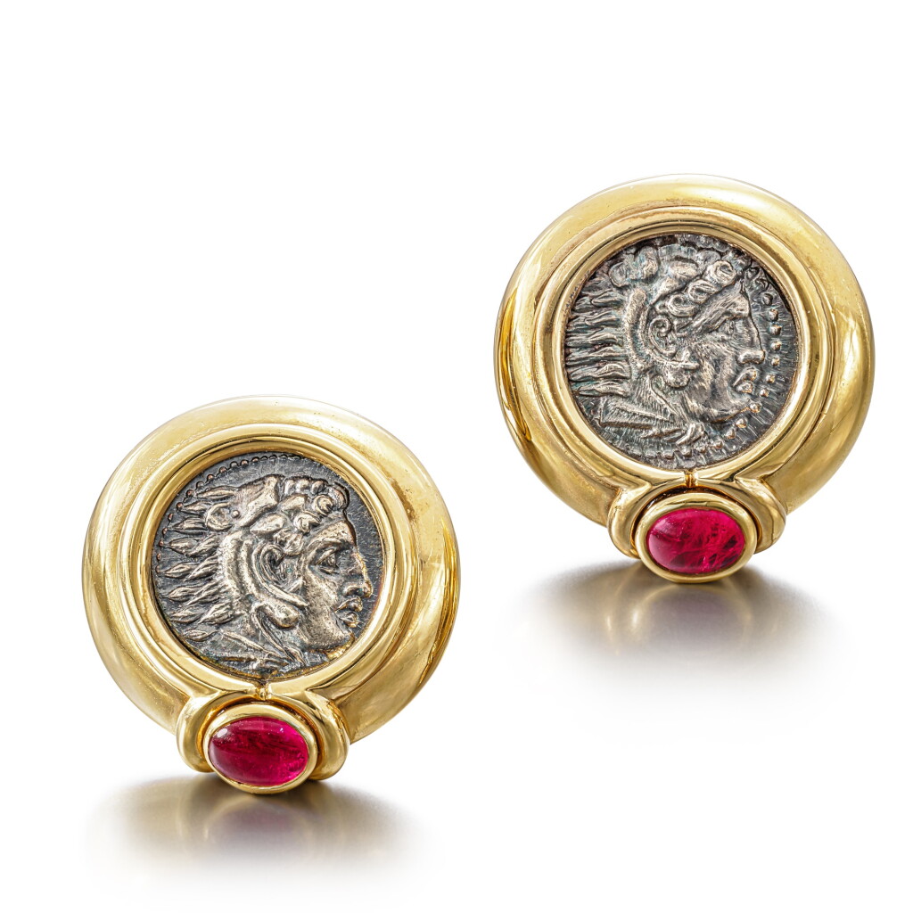View full screen - View 1 of Lot 1808. 'Monete' Pair of Ancient Coin and Ruby Ear Clips | 寶格麗 | 'Monete' 古代錢幣 配 紅寳石 耳夾一對.