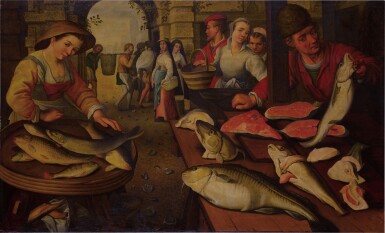View full screen - View 1 of Lot 385. A fishmonger selling fish at the market.