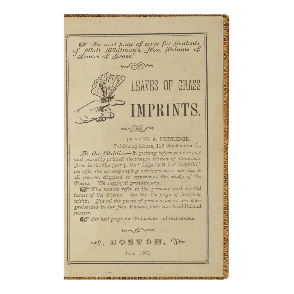 View full screen - View 1 of Lot 253. WHITMAN, WALT | Leaves of Grass Imprints. Boston: Thayer and Eldridge, 1860.