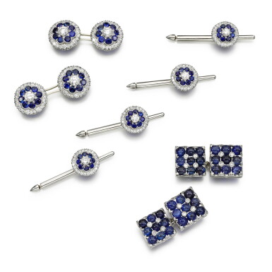 View full screen - View 1 of Lot 212. Pair of sapphire and diamond cufflinks and a sapphire and diamond dress set.