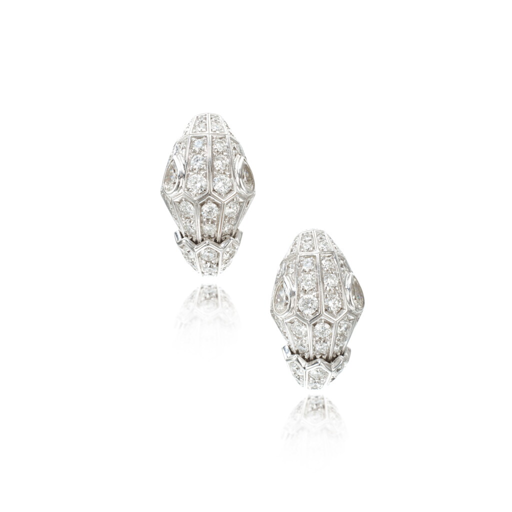 View full screen - View 1 of Lot 580. Pair of diamond earrings, 'Serpenti', 寶格麗 | 'Serpenti' 鑽石耳環一對.