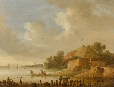 View full screen - View 1 of Lot 59. River landscape with fishermen in a boat beside a wooden bridge.