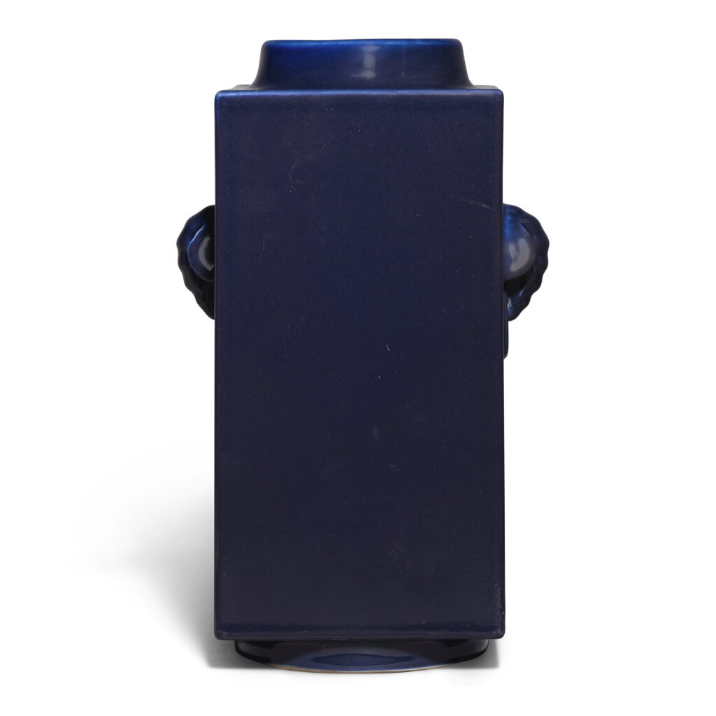 View full screen - View 1 of Lot 366. A blue-glazed cong-form vase, Mark and period of Guangxu | 清光緒 藍釉象耳銜環琮式瓶 《大清光緒年製》款.