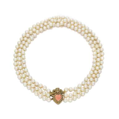 View full screen - View 1 of Lot 130. Cultured pearl, coral and seed pearl necklace, 1981.