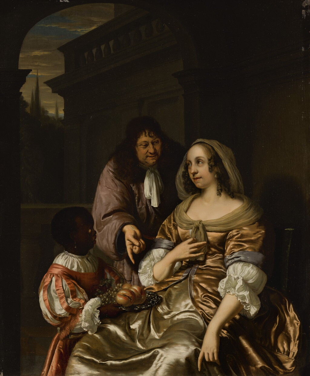 View full screen - View 1 of Lot 181. JAN VAN MIERIS | MAN AND A PAGE OFFERING FRUIT TO A SEATED WOMAN, IN A COURTYARD.