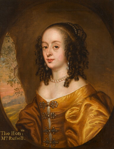 View full screen - View 1 of Lot 65. Portrait of Lady Penelope Russell, née Hill (b. before 1636; d. 1694), half-length, in a painted oval, wearing an orange dress with an open sky beyond.