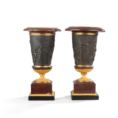 View full screen - View 1 of Lot 164. A pair of Louis XVI gilt and patinated and bronze and griotte marble vases, circa 1790, attributed to François Rémond, the frieze attributed to Louis-Simon Boizot (1743-1809).